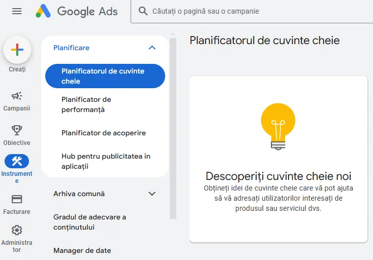 Calea spre Planificatorul de cuvinte cheie