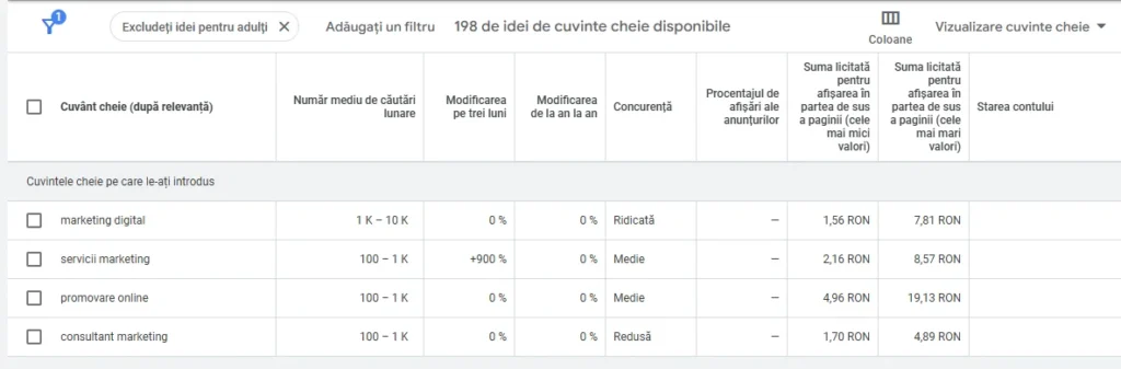 Keyword Planner - cuvinte cheie introduse - marketing