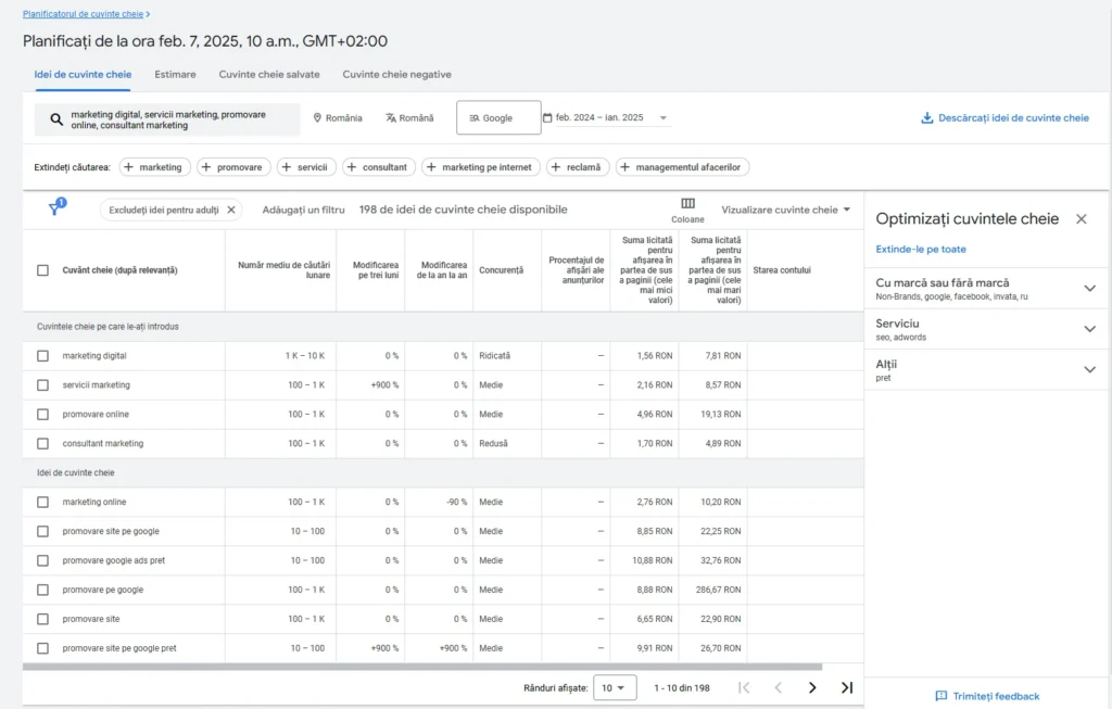 Keyword Planner - servicii marketing - marketing digital