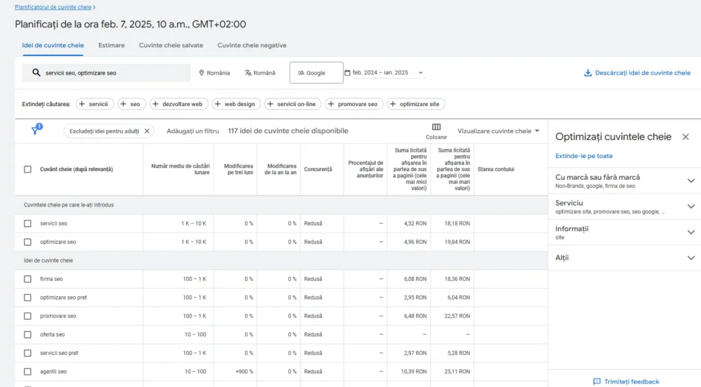 Planificatorul de cuvinte cheie - Rezultate Servicii SEO - Optimizare SEO