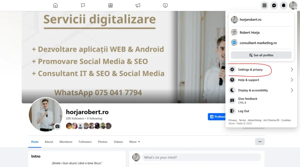 Cum verifici starea unei pagini de Facebook - Settings and privacy