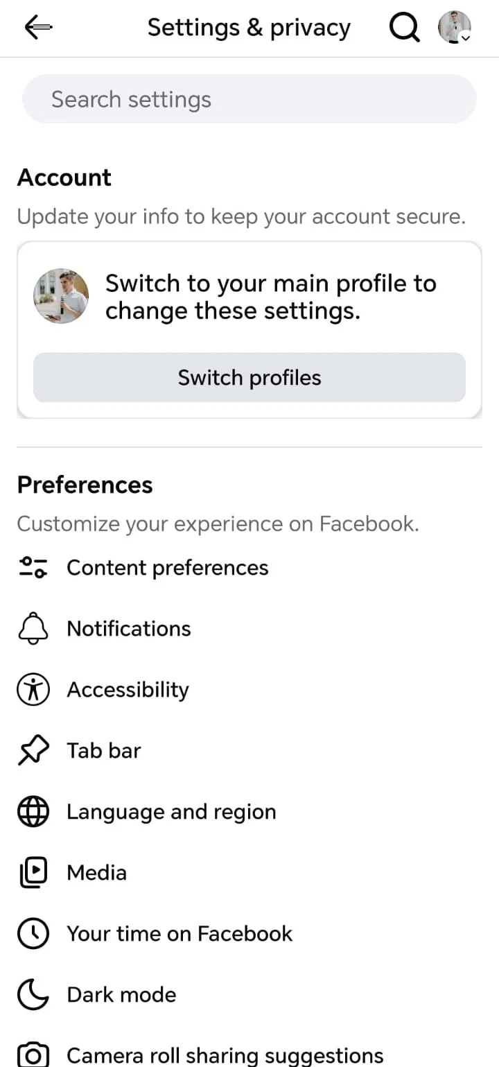 Cum verifici starea unei pagini de Facebook - aplicația de mobil - Settings and privacy